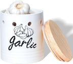 Large Garlic Keeper with Wood Lid, Ceramic Garlic Container for Counter,Garlic Saver to Keep Your Garlic Cloves Fresh Longer, 31 oz White