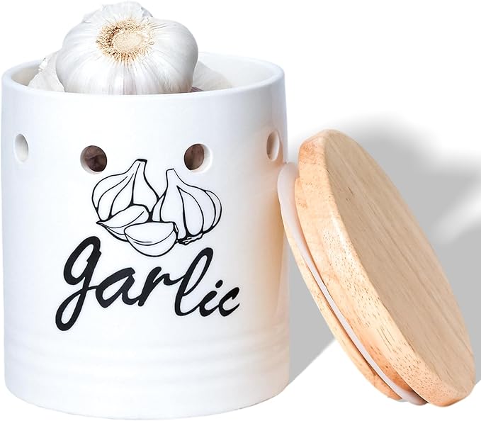 Large Garlic Keeper with Wood Lid, Ceramic Garlic Container for Counter,Garlic Saver to Keep Your Garlic Cloves Fresh Longer, 31 oz White