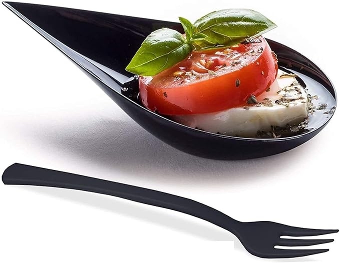 DLux 100 4-in Tear Drop Mini Appetizer Plates with Forks,Reusable Black Plastic Spoons - Desserts and Appetizers Dishes Serving Plate - Asian Spoon Set, Small Catering Dessert Tasting Cups