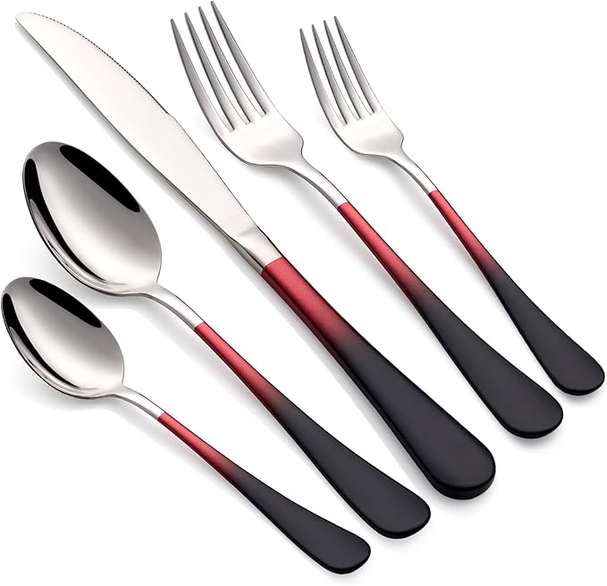 20-Piece Black Red Silverware Set 18/0 Stainless Steel Silverware Set Black Red Handle Cutlery Set Service for 4 Dinner Knives Forks Spoons Set Flatware Set Finish Dishwasher Safe