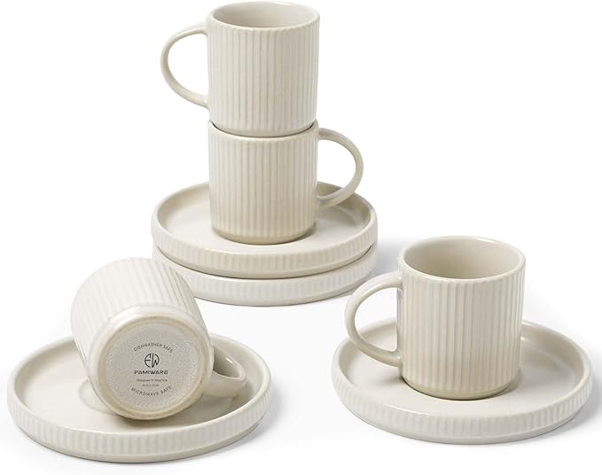 famiware Star Espresso Cups and Saucers Set of 4, [ Mini ] 3 oz Ceramic Small Coffee Mug with Handle, Ribbed Stoneware Demitasse Cup for Tea, Latte - Microwave & Dishwasher Safe - Matte White