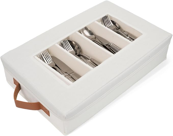 HOMELUX THEORY Flatware Storage Hard Shell China Storage Containers - Ivory Silverware Organizer, Cutlery & Silverware Storage Box with 5 Dividers & Lid, Packing Heavy Duty Moving Box with Handles