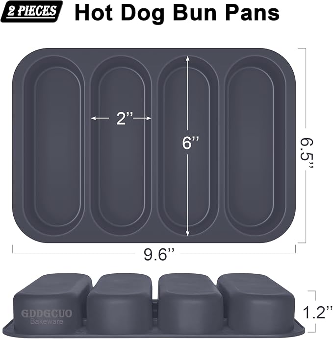 Silicone Hotdog Bun Pan, 6 Inch Standard Hot dog Bun Mold, 4 Cup Non-stick Homemade Hotdog Bun Baking Pans, Mini Baguette Pans, Dishwasher Safe, 2 Pcs (Grey)