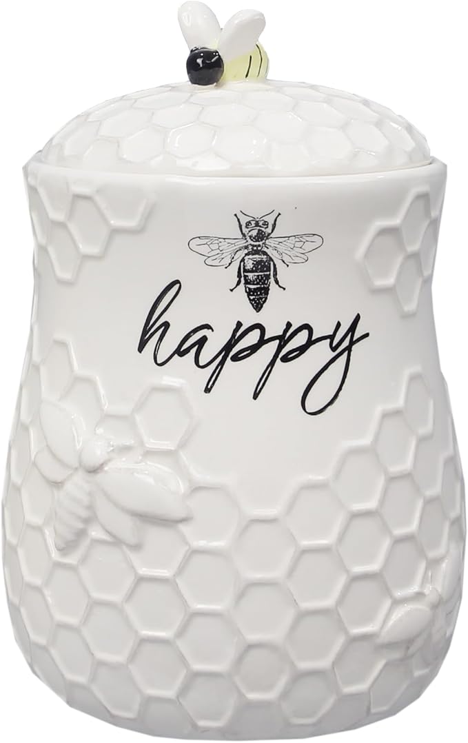 Young's Inc. Ceramic Honey Bee Cookie Jar with Lid and Handle – Honeycomb Design, 5.75" x 5.83" x 7.87", Decorative and Functional Kitchen Storage - Tea Canister