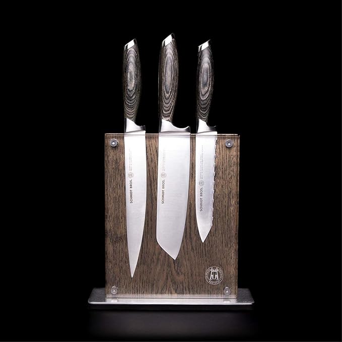 Schmidt Brothers - Bonded Ash 7-Piece Kitchen Knife Set, High-Carbon German Stainless Steel Cutlery, Ash Finish Wood Handles and Clear Acrylic Magnetic Knife Block