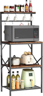 Kitchen Bakers Rack with Storage Shelves, Small Coffee Bar Cart with 8 Hooks, 4 Tiers Microwave Stand Station with Adjustable Shelves, Freestanding Kitchen Appliance Organizer, Rustic Brown