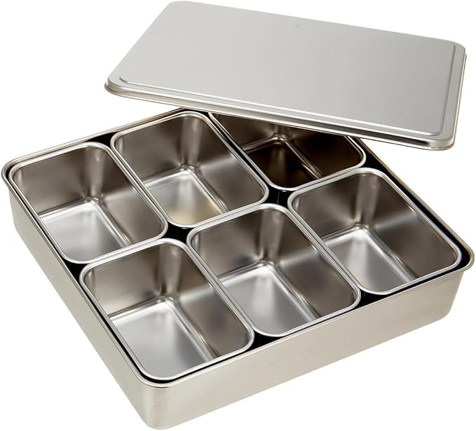 TIKUSAN Stainless Seasoning Container Yakumi Pan Spice Storage Box Tray with Lid Medium Size Made in Japan (6 Containers)