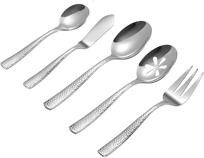 Stainless Steel Silverware Serving Set Hammered Silver Mirror Finished 5 Piece Serving Utensil Set Flatware Set