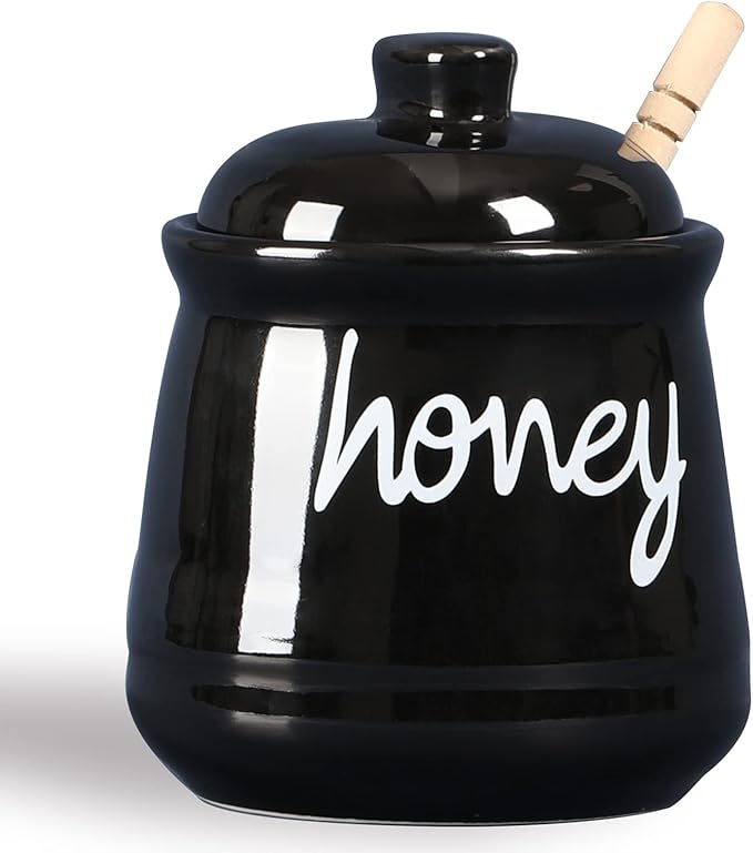 ONTUBE Honey Jar with Dipper and Lid, Ceramic Honey Pot 12oz, Black
