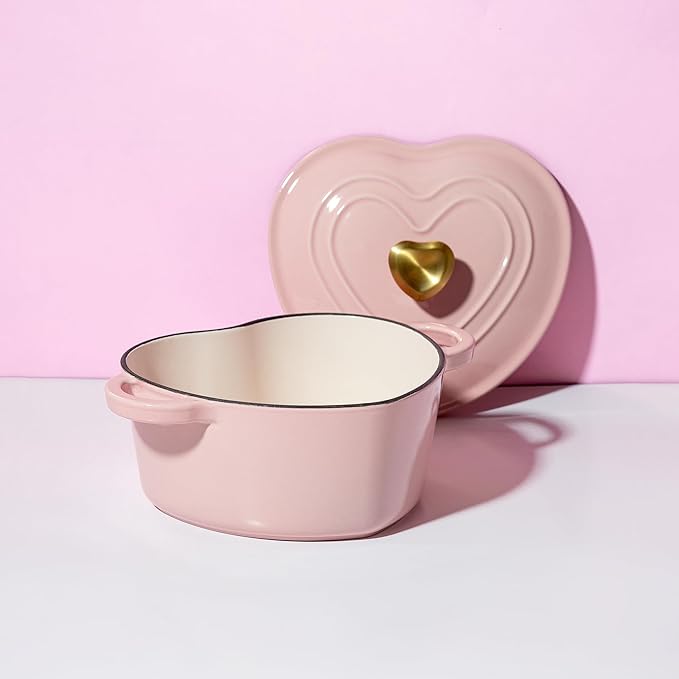 Paris Hilton Enameled Cast Iron Dutch Oven Heart-Shaped Pot with Lid, Dual Handles, Works on All Stovetops, Oven Safe to 500°F, 2-Quart, Pink