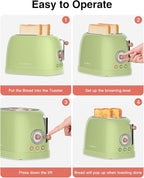 CROWNFUL 2-Slice Toaster, Extra Wide Slots Toaster, Retro Stainless Steel with Bagel, Cancel, Defrost, Reheat Function and 6-Shade Settings, Removal Crumb Tray, Green