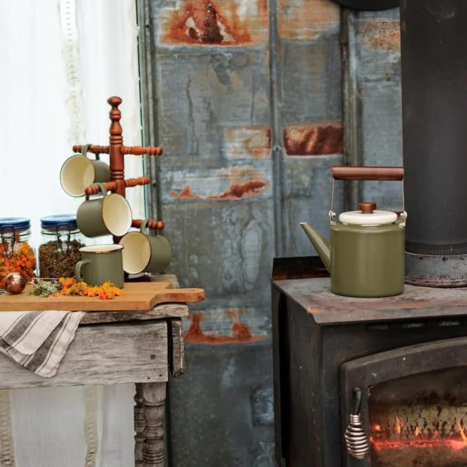 Barebones 2-Tone Enamel Teapot - Vintage Inspired Design - Baked Stainless Steel Rim - FSC Certified Natural Walnut Handle Tea Kettle - 1.5 Liters, 6 Cups (Olive Drab)