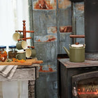 Barebones 2-Tone Enamel Teapot - Vintage Inspired Design - Baked Stainless Steel Rim - FSC Certified Natural Walnut Handle Tea Kettle - 1.5 Liters, 6 Cups (Olive Drab)