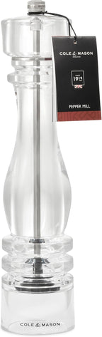 Cole & Mason London Refillable Spice Mill - Kitchen & Home Accessory - Table Black Pepper Grinder - Pepper Mill with Carbon Steel Mechanism - 12", Acrylic