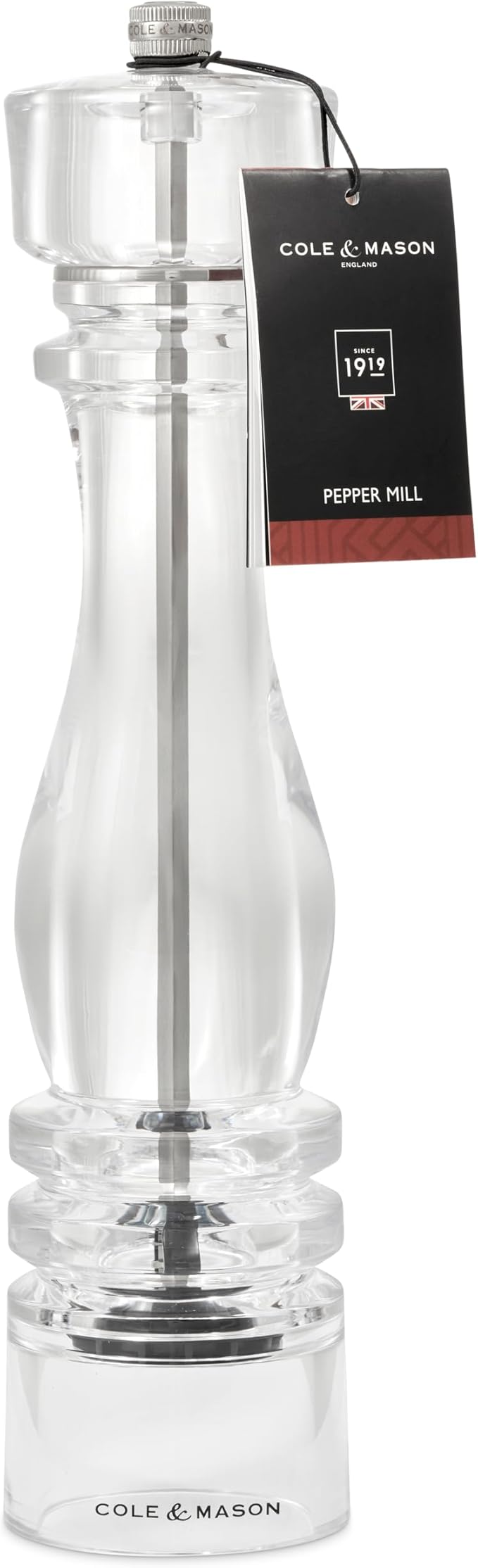 Cole & Mason London Refillable Spice Mill - Kitchen & Home Accessory - Table Black Pepper Grinder - Pepper Mill with Carbon Steel Mechanism - 12", Acrylic