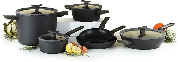 BergHOFF Leo 10Pc Non-stick Ceramic Cookware Set With Glass Lid, Cast Aluminum, Non-toxic, CeraGreen Nonstick Coating, Stay-cool Handle, Induction Pots and Pans, Black