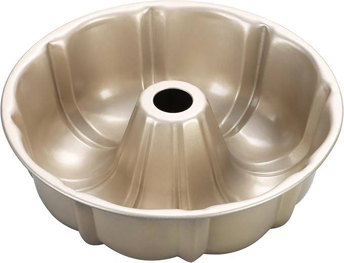 Onader Fluted Cake Pan Nonstick, 10 Inch Round Tube Baking Pan for Pound Cake, 10 Cups Large Heavy Duty Carbon Steel Baking Mold Bakeware, Gold