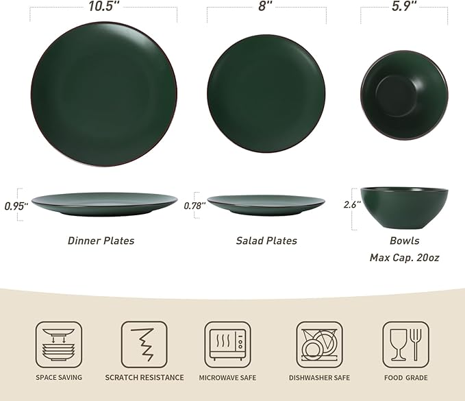 Famiware Venus Plates and Bowls Sets, 12 Pieces Stoneware Speckled Dinnerware Sets, Dishes Set for 4, Microwave and Dishwasher Safe, Matte Dark Green