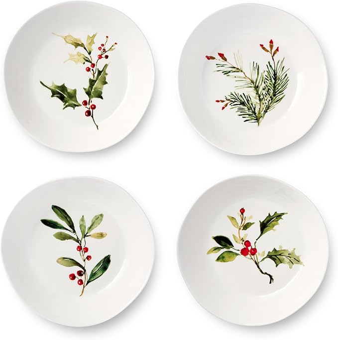 Holly and Vines Dinner Bowls Set of 4, 40 oz Stoneware Bowls 9.5"x2" with Elegant Botanical Design, Microwave & Dishwasher Safe Holiday Tableware for Pasta, Salads, Soups & Seasonal Dining