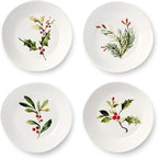 Holly and Vines Dinner Bowls Set of 4, 40 oz Stoneware Bowls 9.5"x2" with Elegant Botanical Design, Microwave & Dishwasher Safe Holiday Tableware for Pasta, Salads, Soups & Seasonal Dining