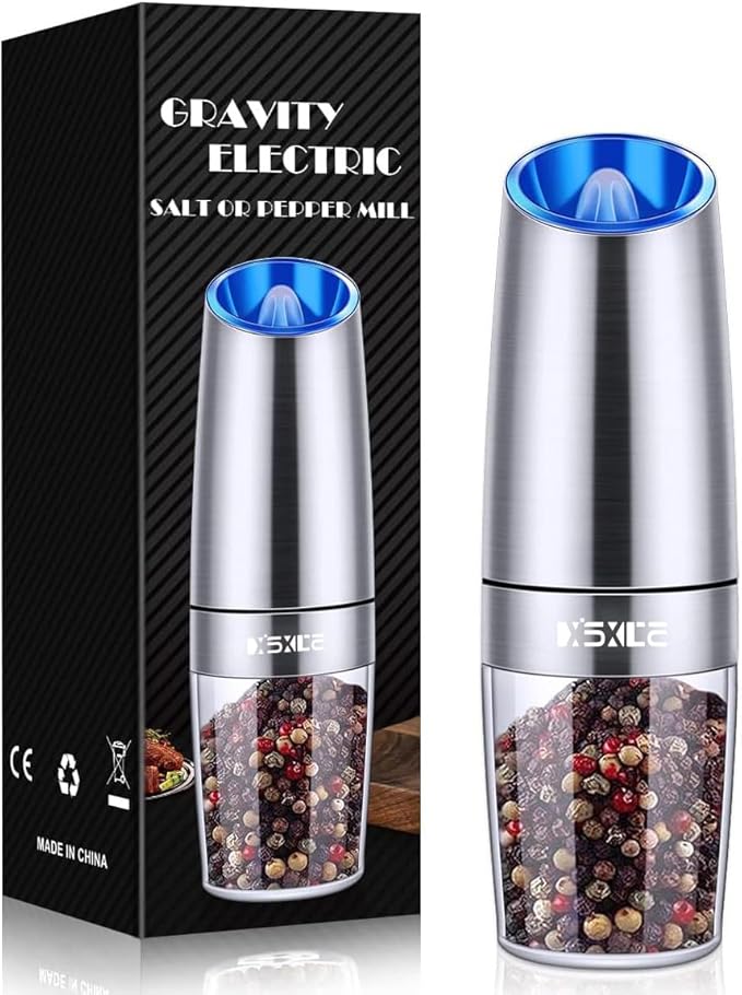 Gravity Electric Pepper/Salt Grinder, Salt and Pepper Mill & Adjustable Coarseness, Battery Powered with LED Light, One Hand Automatic Operation, Stainless steel - (Single/Silver)