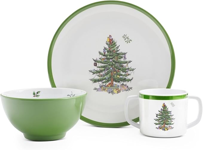 Spode Christmas Tree 3-Piece Melamine Dinnerware Set - 8" Plate, 5" Bowl, 10 Oz Mug - Festive & Durable Holiday Collection for Kids - Christmas Tableware with Classic Tree Motif, Dishwasher Safe