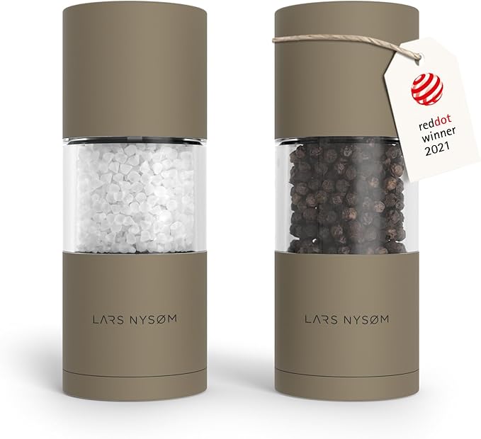 LARS NYSØM Salt and Pepper Grinder Set I Salt and Pepper Mills with Adjustable Ceramic Grinder 2 pieces I Manual Design Spice Mill Set (Taupe Brown)