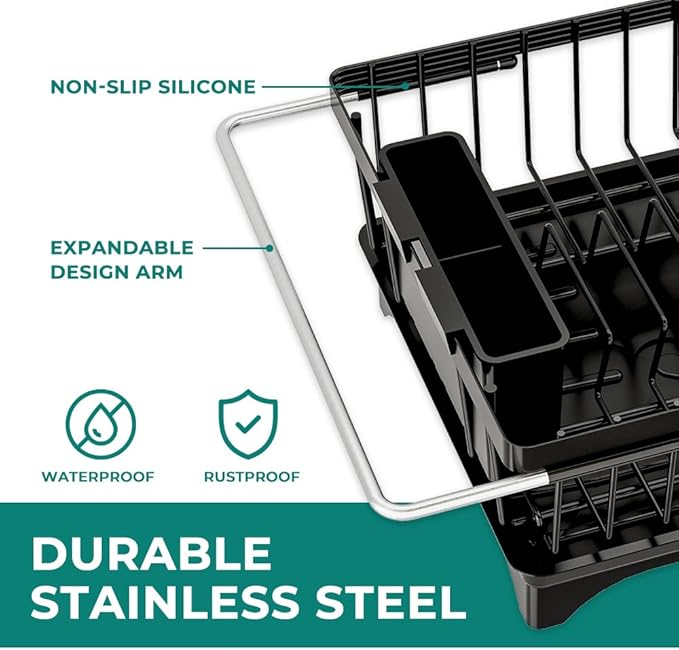 Small Dish Drying Rack in Sink, Expandable Stainless Steel Dish Drainers for Kitchen Counter, with Drain Board & Utensil Holder(Black)