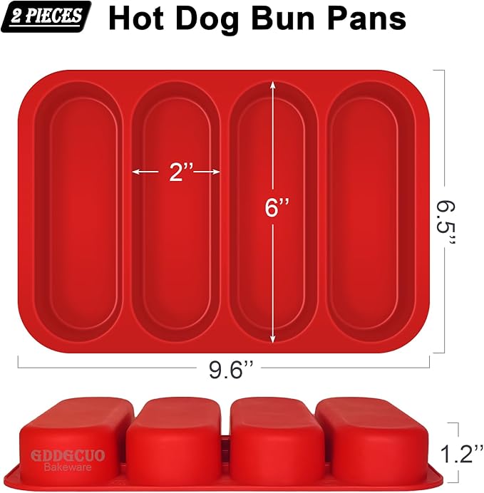 Silicone Hotdog Bun Pan, 6 Inch Standard Hot dog Bun Mold, 4 Cup Non-stick Homemade Hotdog Bun Baking Pans, Mini Baguette Pans, Dishwasher Safe, 2 Pcs (Red)