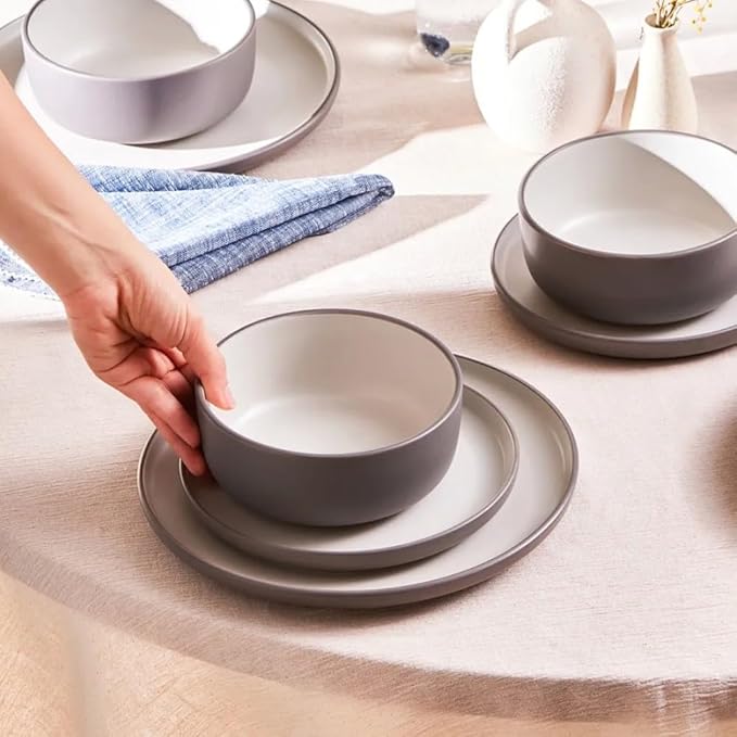 Karaca Riley 18-Piece Stoneware Plates and Bowls Set - Kitchen Dinnerware Sets for 6 - Grey Elegant Design Dish Set for Family Meals and Entertaining & Dishwasher Safe