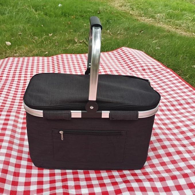 30L Large Picnic Basket, Foldable and Insulated Wild Outdoor Camping Picnic Large Capacity Picnic Basket with Handle for Picnic, Takeout, Shopping, Camping, Traveling (Black)