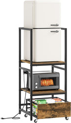 Mini Fridge Stand with Movable Drawer, Microwave Stand with Power Outlet, Mini Fridge Shelf with Adjustable Shelves, Kitchen Bakers Rack for Dorm, Dining Room, Home, Rustic Brown HB05UBR