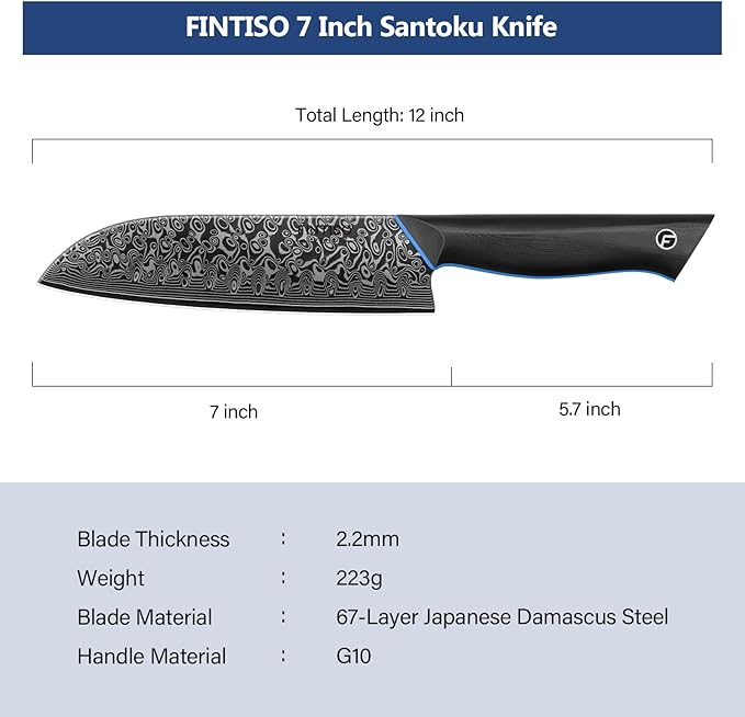 FINTISO 7-Inch Kitchen Knife, 67-Layer Japanese Damascus Steel Chef's Santoku With G10 Handle - Professional Cooking Tool for Home and Kitchen