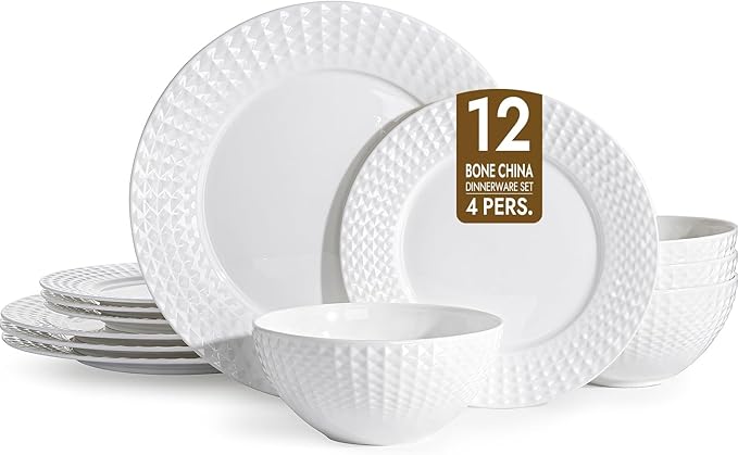 KINGSTONE Bone China Dinnerware Set, 12-Piece White Lightweight Porcelain for 4, Plates and Bowls with Rhombus patterned edge design, Microwave and Dishwasher Safe, for Family, Restaurant, Gifting