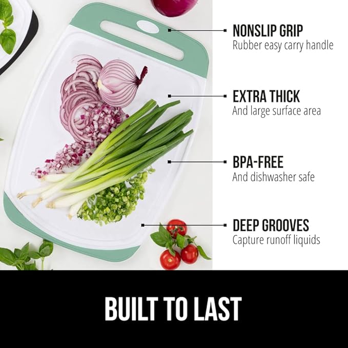 GORILLA GRIP BPA-Free Reversible Kitchen Cutting Board Set of 3, US Designed, Nonporous, Juice Grooves Catch Liquid, Slip Resistant Border, Dishwasher Safe Large Food Chopping Boards, Gray Mint Pink