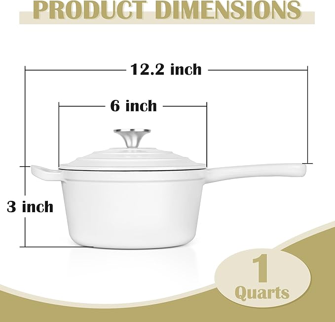 E-far Enameled Cast Iron Sauce Pan with Lid, 1 Quart Dutch Oven Saucepan, Mini Sauce Pot for Cooking, Boiling, Healthy & Non Toxic, Induction & Oven Safe, White