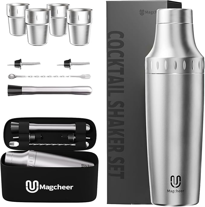 Hybrid Cocktail Shaker Set with Stackable Cups | Vacuum Insulated Stainless Steel Martini Shaker & Bartender Tools | Travel-Ready Kit | 30oz | Silver