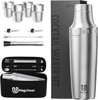 Hybrid Cocktail Shaker Set with Stackable Cups | Vacuum Insulated Stainless Steel Martini Shaker & Bartender Tools | Travel-Ready Kit | 30oz | Silver