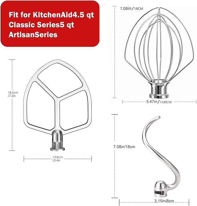 Stainless Steel 3 Piece kit Attachments for KitchenAid Stand Mixer and 5.5-6 Quart Bowl, Dishwasher Safe (5.5-6QT Flat Beater, 6QT Dough Hook, KN256 6-Wire Whip Attachment)