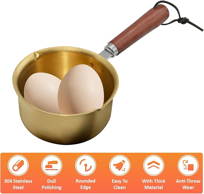 Upgraded Golden Mini Butter Warmer 300ml, 2-Pack Stainless Steel Small Pots for Melting Chocolate, Butter, Wax, Heating Milk, Oil, Frying Eggs & More