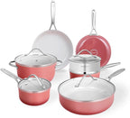 Kitchen Pots and Pans Set Non Stick, 11 Pcs Ceramic Cookware Set with Stay-Cool Handle, Pot and Pan Set NonToxic PFOA/PFAS Free, Dishwasher/Oven Safe, Evenly Heats, Enamel Exterior - Coral Red