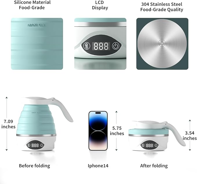Collapsible Travel Kettle Electric Portable Foldable Kettle for Boiling Water, Suitable for 110V & 220V Dual Voltage, for Tea & Coffee, 850W Small Mini BPA-free Silicone Blue electric kettle