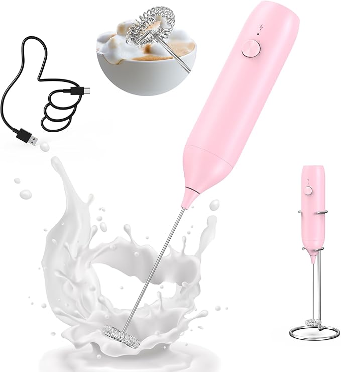 CIRCLE JOY Milk Frother Handheld Rechargeable Milk Foamer Electric Mini Drink Mixer with Stainless Steel Whisk for Coffee, Cappuccino, Lattes, Frappe, Matcha and Hot Chocolate, Pink
