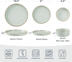 Famiware Nebula Plates and Bowls Sets for 4, 12 Pieces Stoneware Dinnerware Set, Microwave and Dishwasher Safe Dishes Set, Light Green with Brown Rim