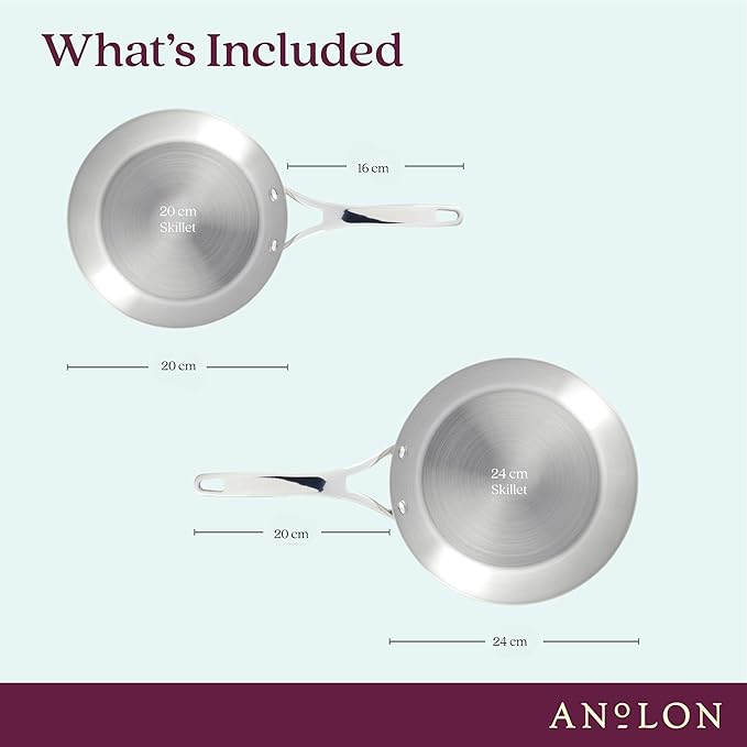 Anolon Nouvelle Stainless Stainless Steel Frying Pan Set / Fry Pan Set / Skillet Set - 8 Inch and 9.5 Inch , Silver