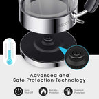 ASCOT Electric Kettle, Glass Electric Tea Kettle Gifts for Men/Women/Family 1.5L 1500W Borosilicate Glass Tea Heater, with Auto Shut-Off and Boil-Dry Protection (Silver)