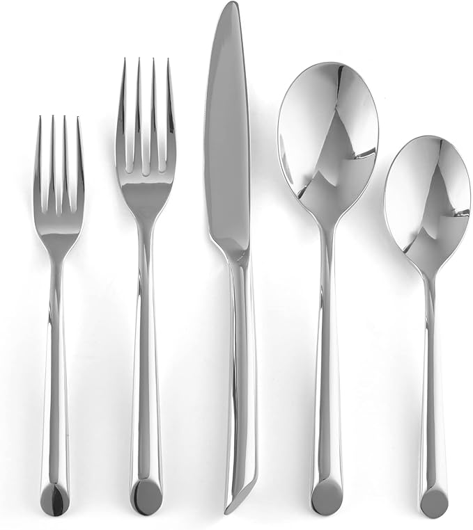 Nambe Stainless Steel Flatware Set – 5-Piece Cutlery with Angled Handle Design, Modern Fork, Knife & Spoon for Tableware Decor – Convenient Cleaning, Stylish & Long-Lasting Tableware