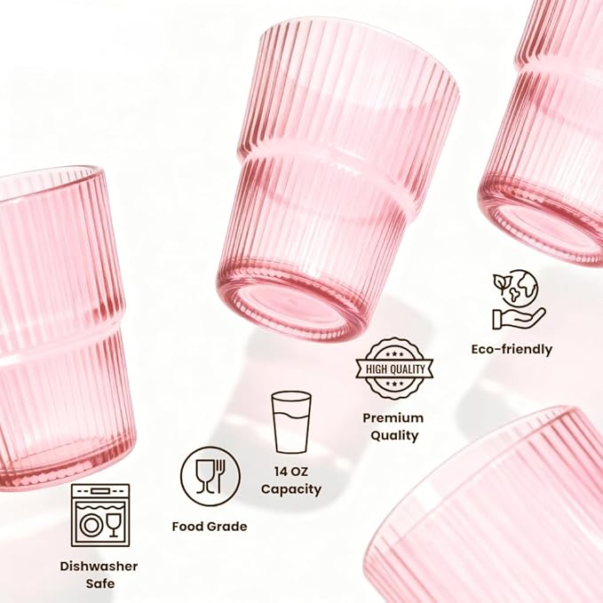 Pink Ribbed Glass Set of 4 14oz Highball Glass Stackable Vintage Durable for Water, Seltzer, Sparkling, Elegant Everyday Glassware