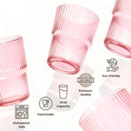 Pink Ribbed Glass Set of 4 14oz Highball Glass Stackable Vintage Durable for Water, Seltzer, Sparkling, Elegant Everyday Glassware