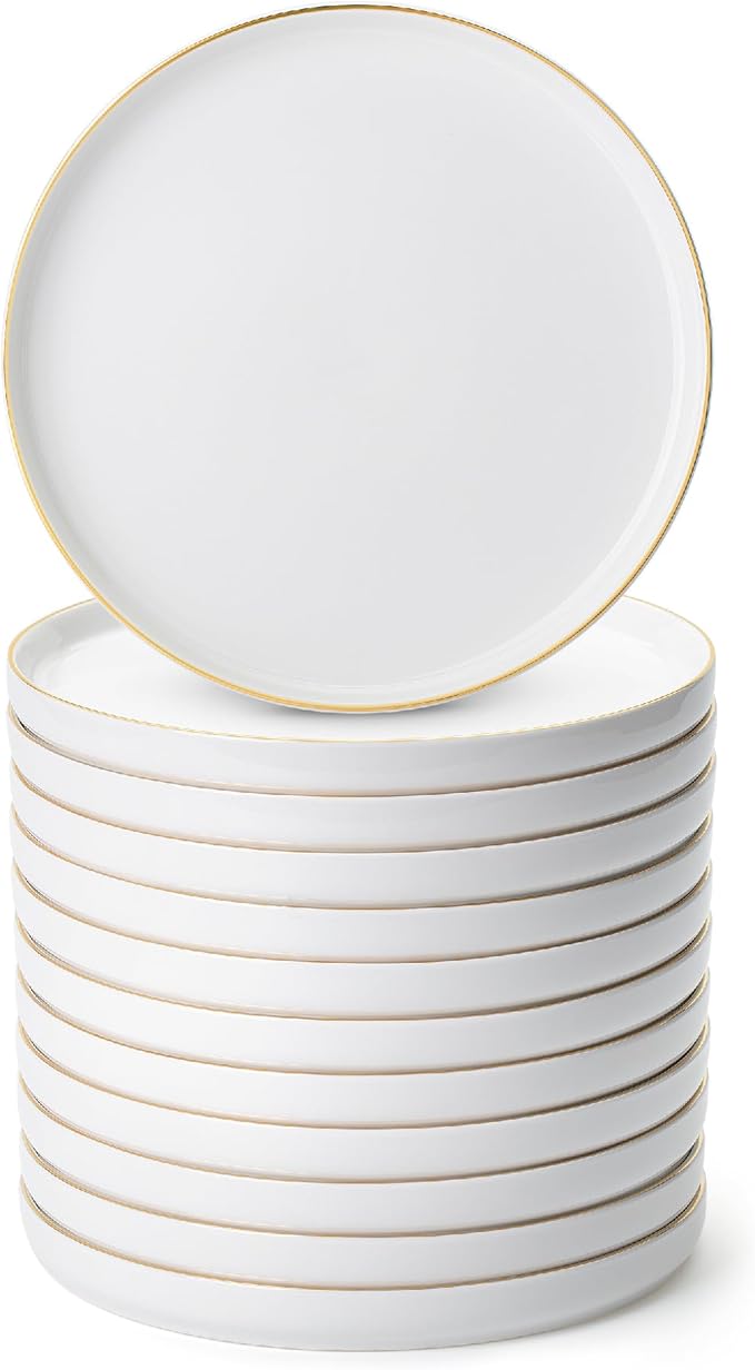 Brew To A Tea White Dessert Plates, Set of 12, 8" Round, Classic Style, Porcelain Construction, Dessert Plates